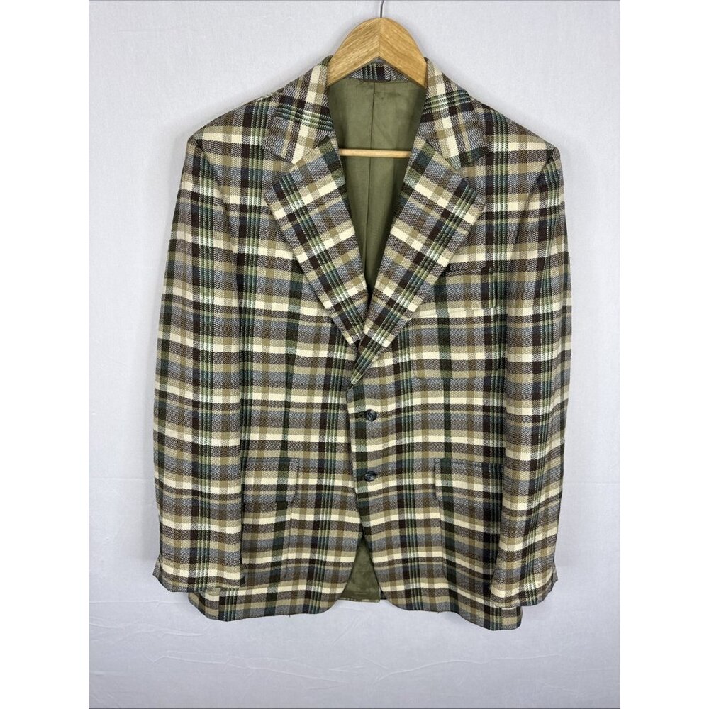 Savile Row 70s Plaid Wool Sport Coat Blazer Green Brown Vintage Men 44 Wkrp Herb